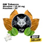 White Fox Black Edition black can with grey fox emblem, set against dried tobacco leaves, mint sprigs and loose white pouches