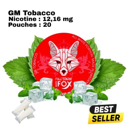 White Fox Full Charge red can with white fox logo, placed among mint leaves and ice cubes with loose white pouches in front
