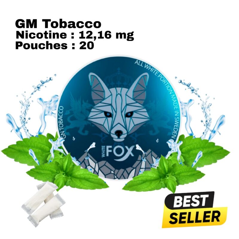 White Fox Peppered Mint bright green can with geometric fox emblem, framed by fresh mint leaves, chewing gum pieces and loose white pouches